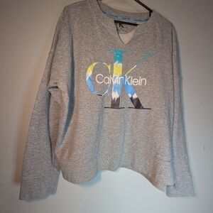 Calvin Klein Ladies Cozy Gray Sweatshirt Blue and Yellow Logo XL Gorpcore
